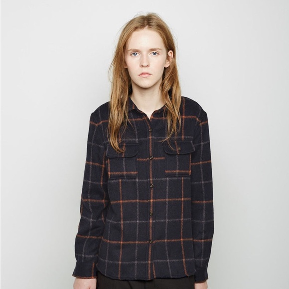 A.P.C. Wool Surchemise Girl Navy Blue Orange Flannel